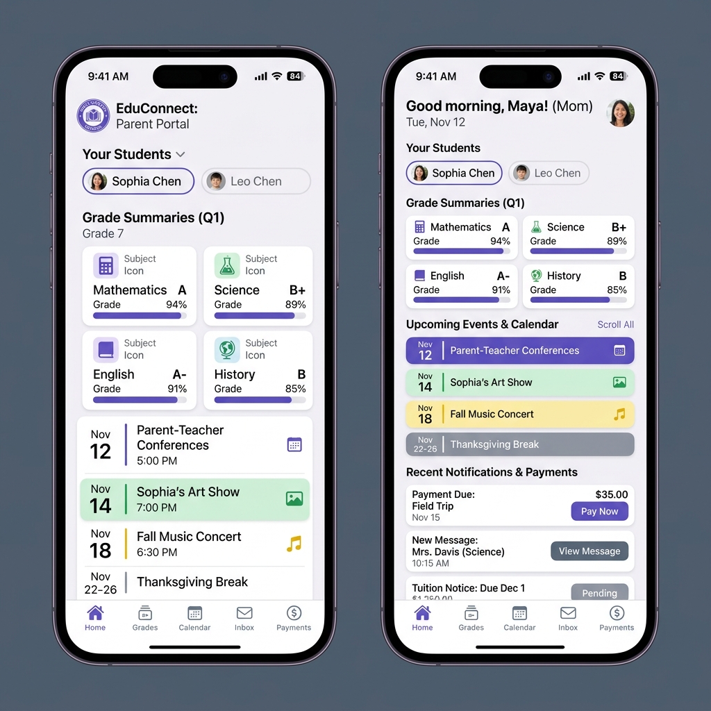 EncapsEdu Parent Portal mobile app dashboard illustrating grades, attendance calendar, and payment billing invoices